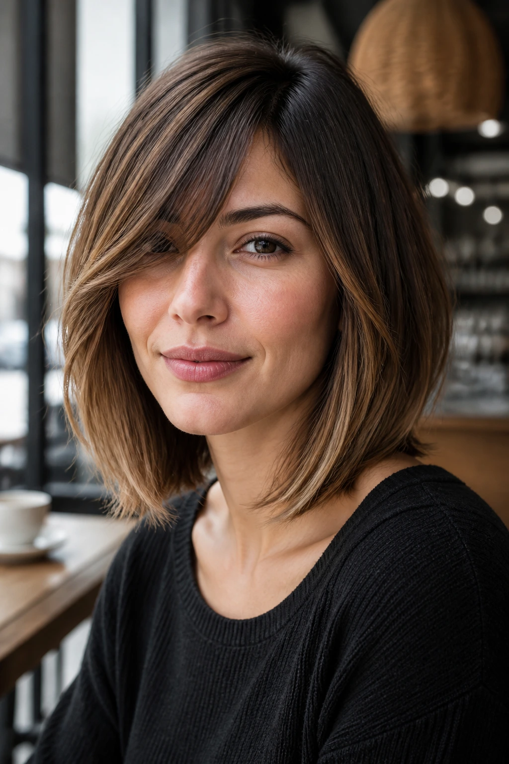 Portrait of a woman with a lob and a side-swept fringe.
