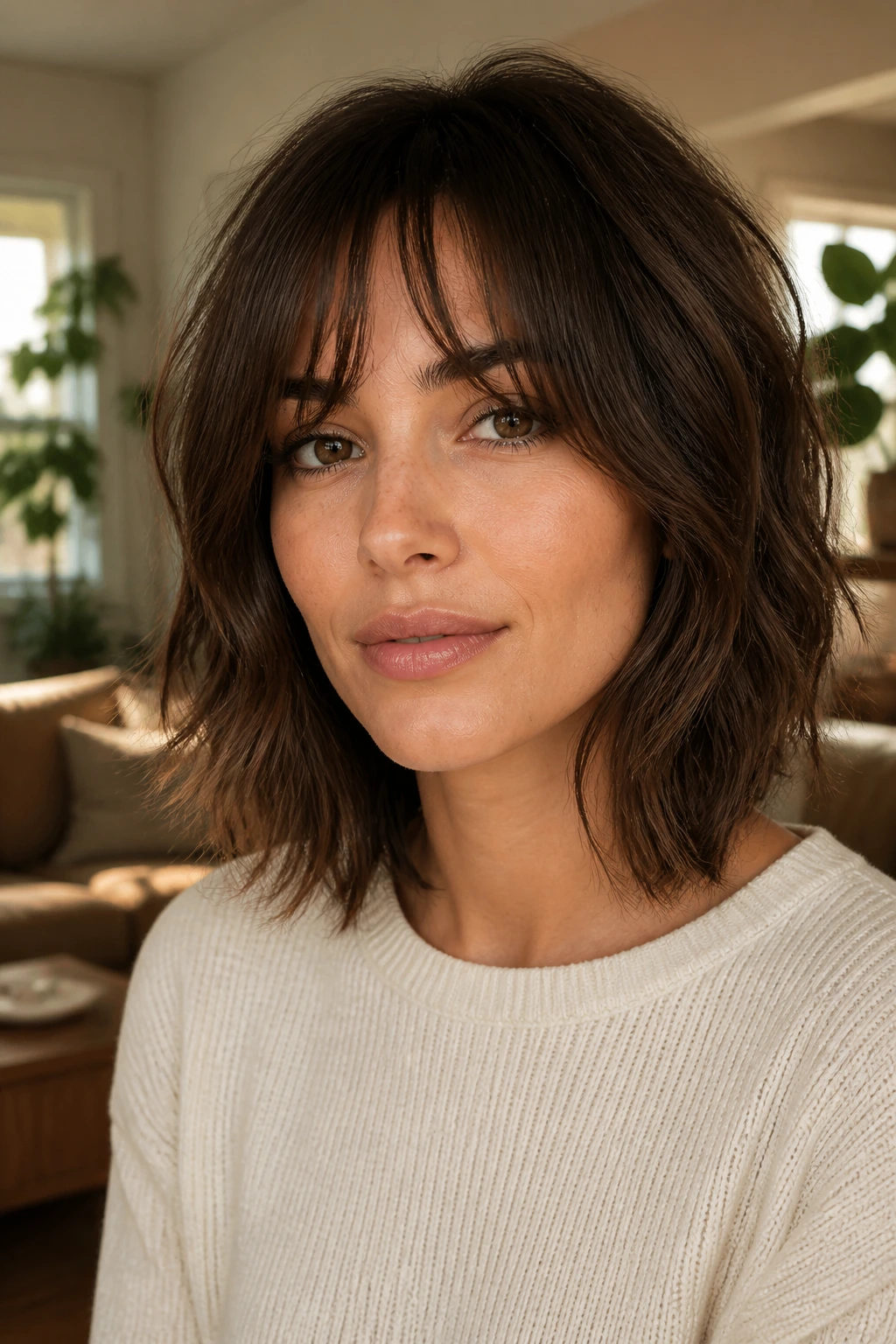 Portrait of a real person with a soft shag-lob variation showing texture