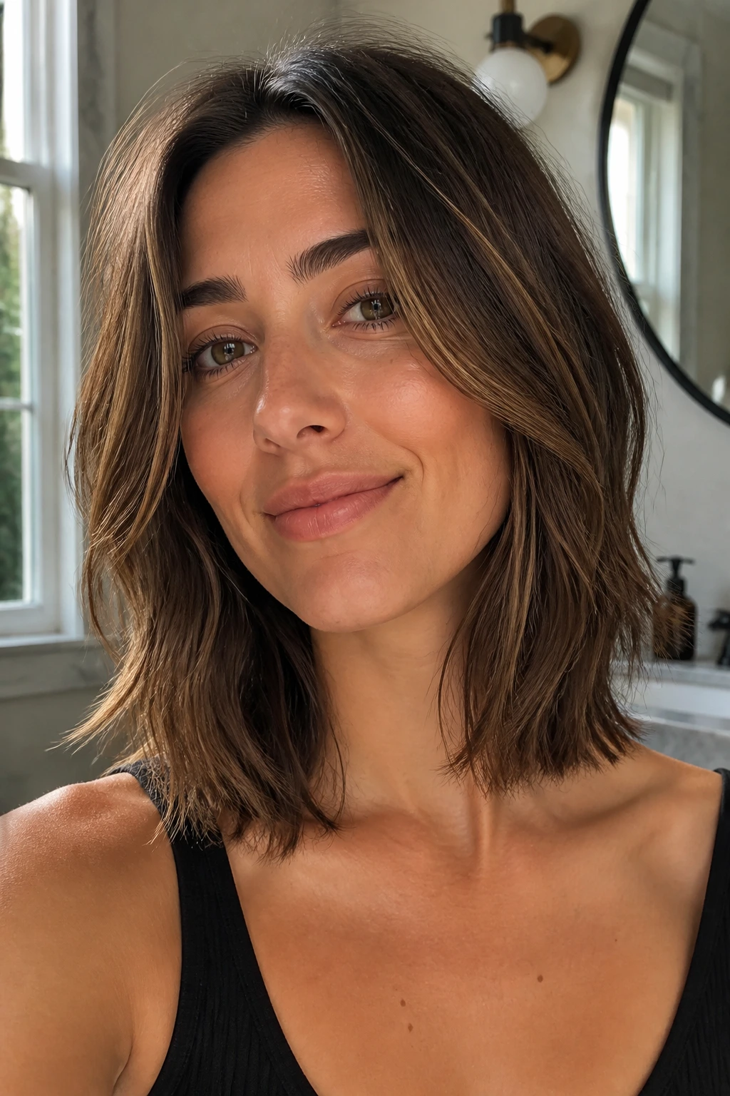 Close-up of a real person's lob with soft layers and air-dry texture in natural window light