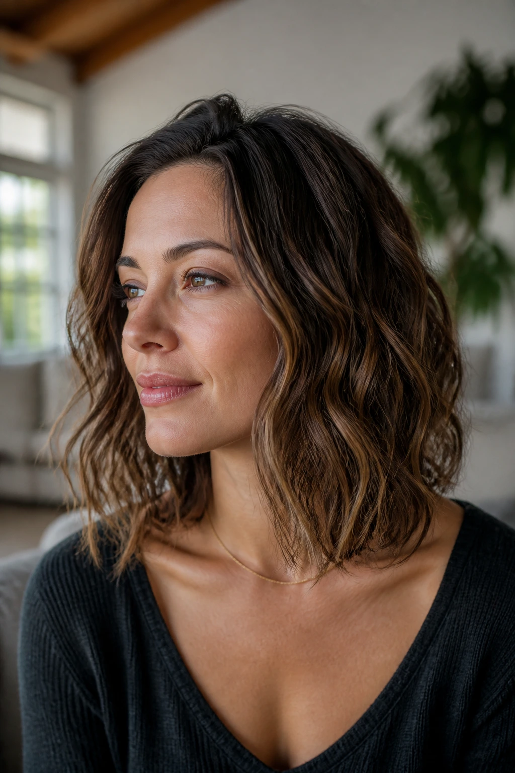 Close-up of a real woman's lob showing different wave textures and densities.