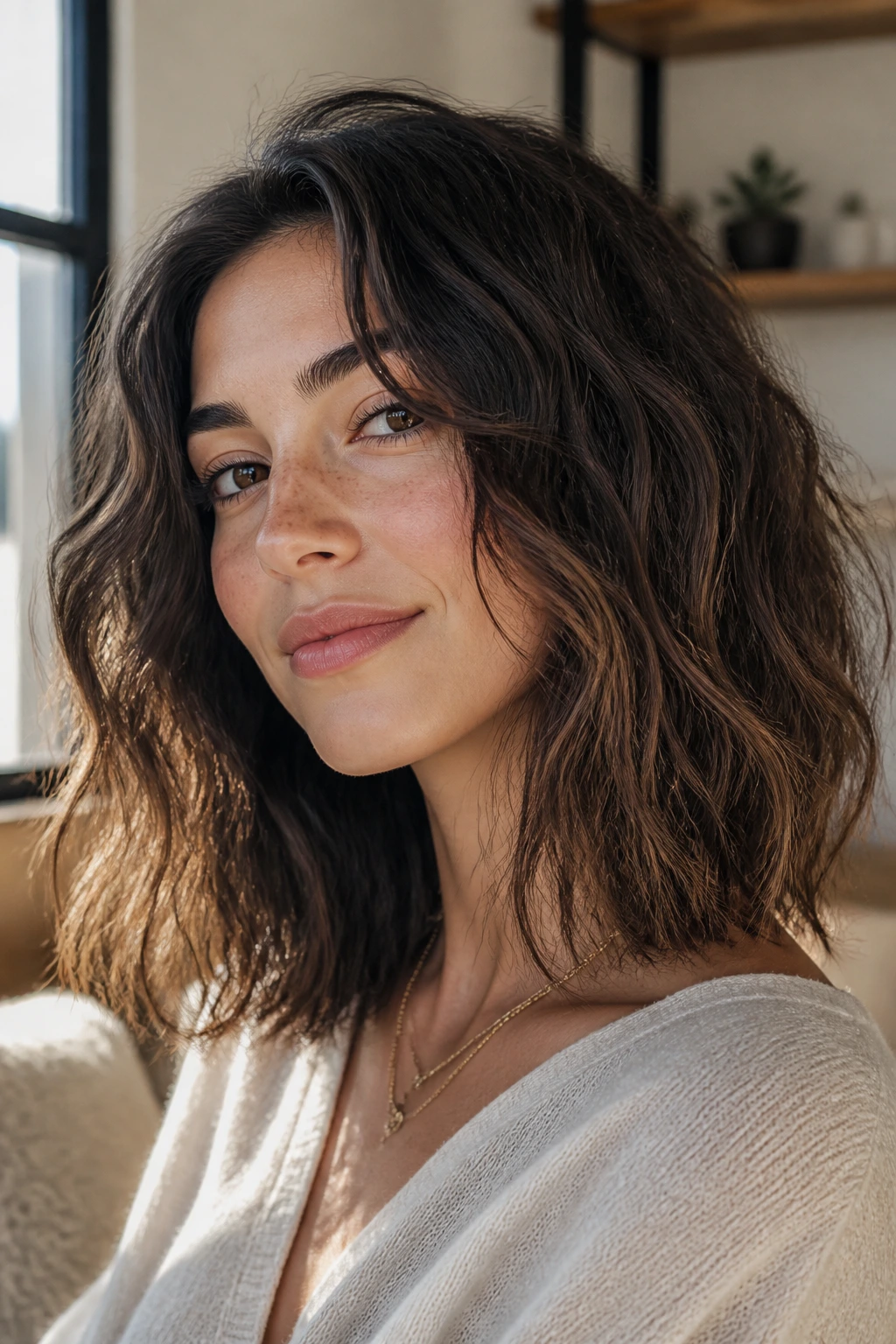 Close-up of a real woman with shoulder-length tousled wavy lob and air-dried ends