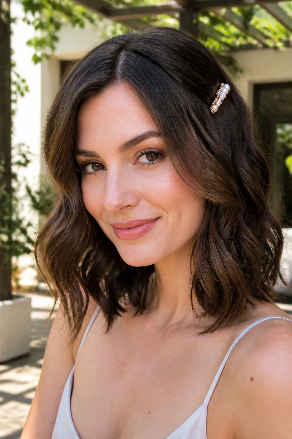 Close-up of a real woman with lob waves and a decorative clip.