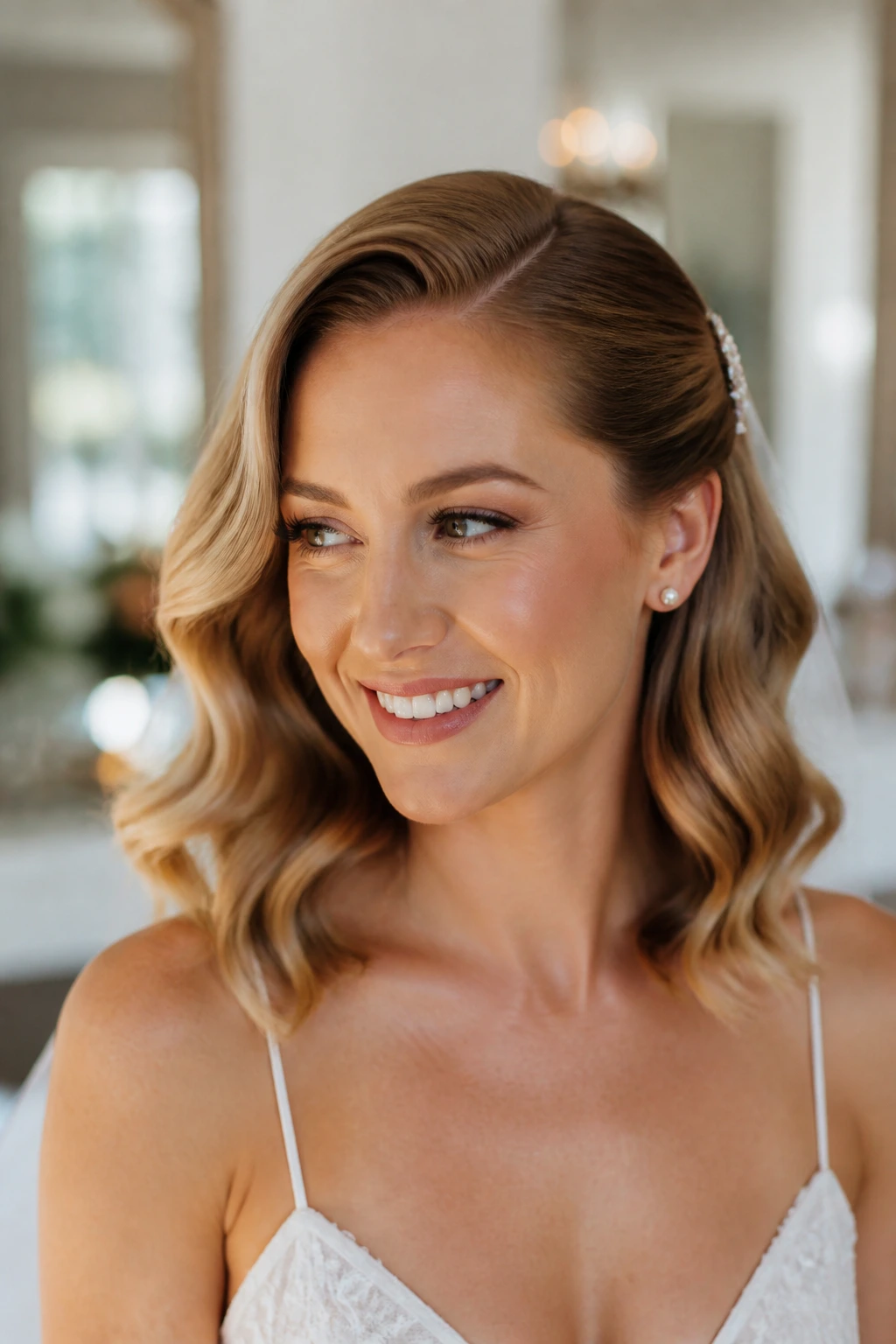 Medium close-up of a real person with polished lob waves and a tucked side in bridal light