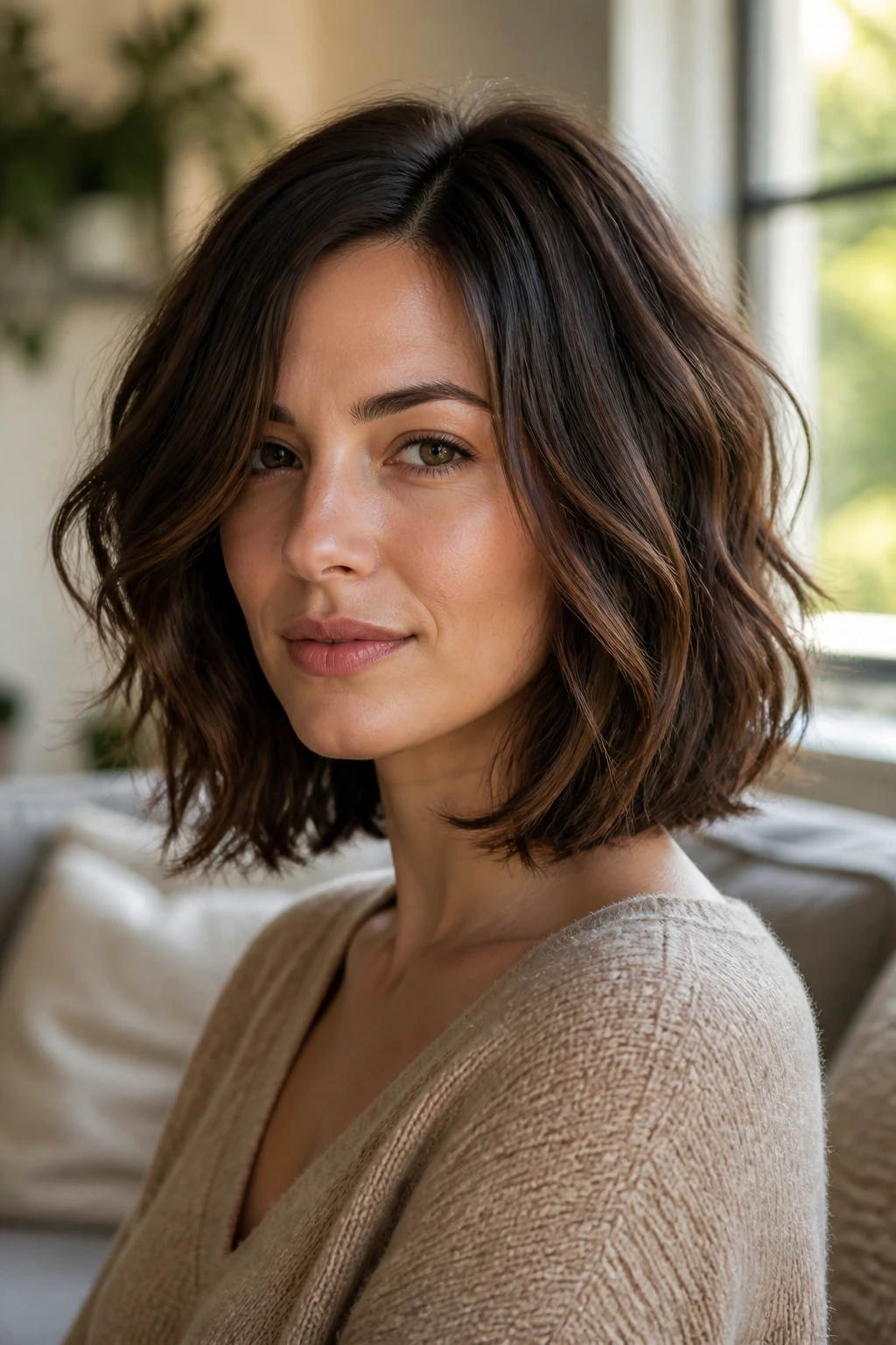 Close-up of a real woman with a collarbone-length lob and soft waves in warm window light