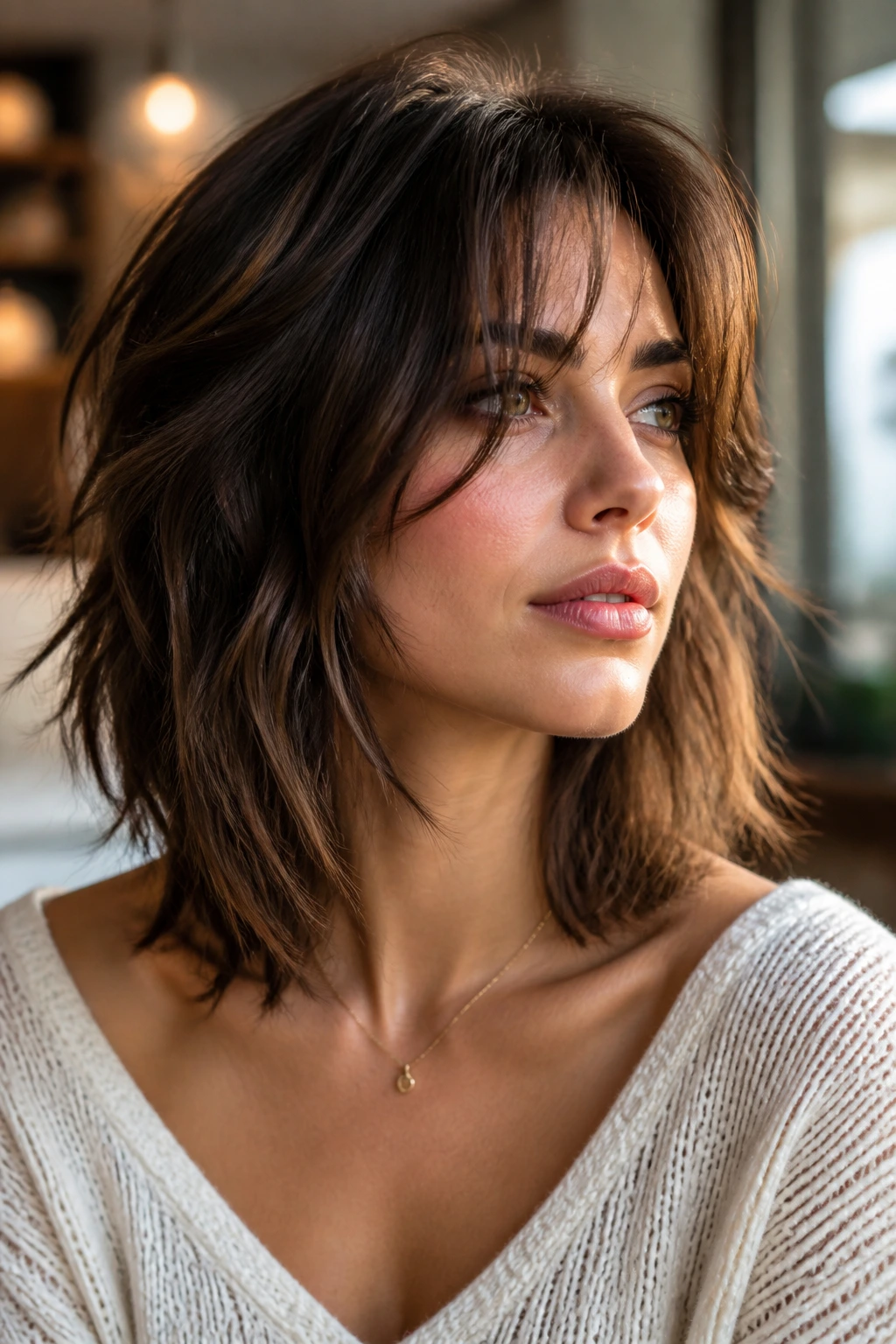 Close-up portrait of a real person with lob wolf cut and broken-up ends