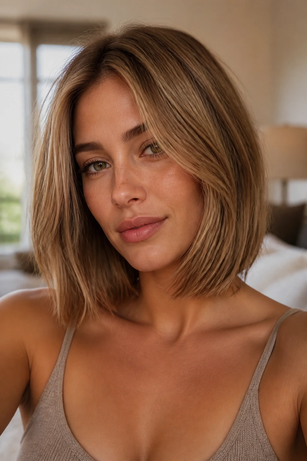 Close-up of a real woman with a collarbone-length lob, dense perimeter, natural window light