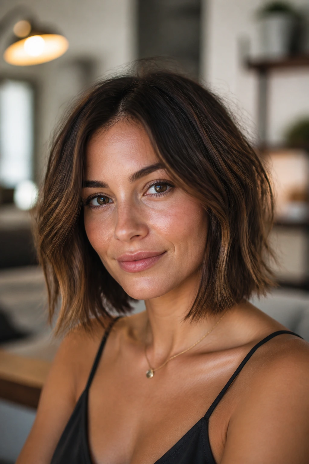 Close-up portrait of a real woman with a collarbone-length lob in warm window light
