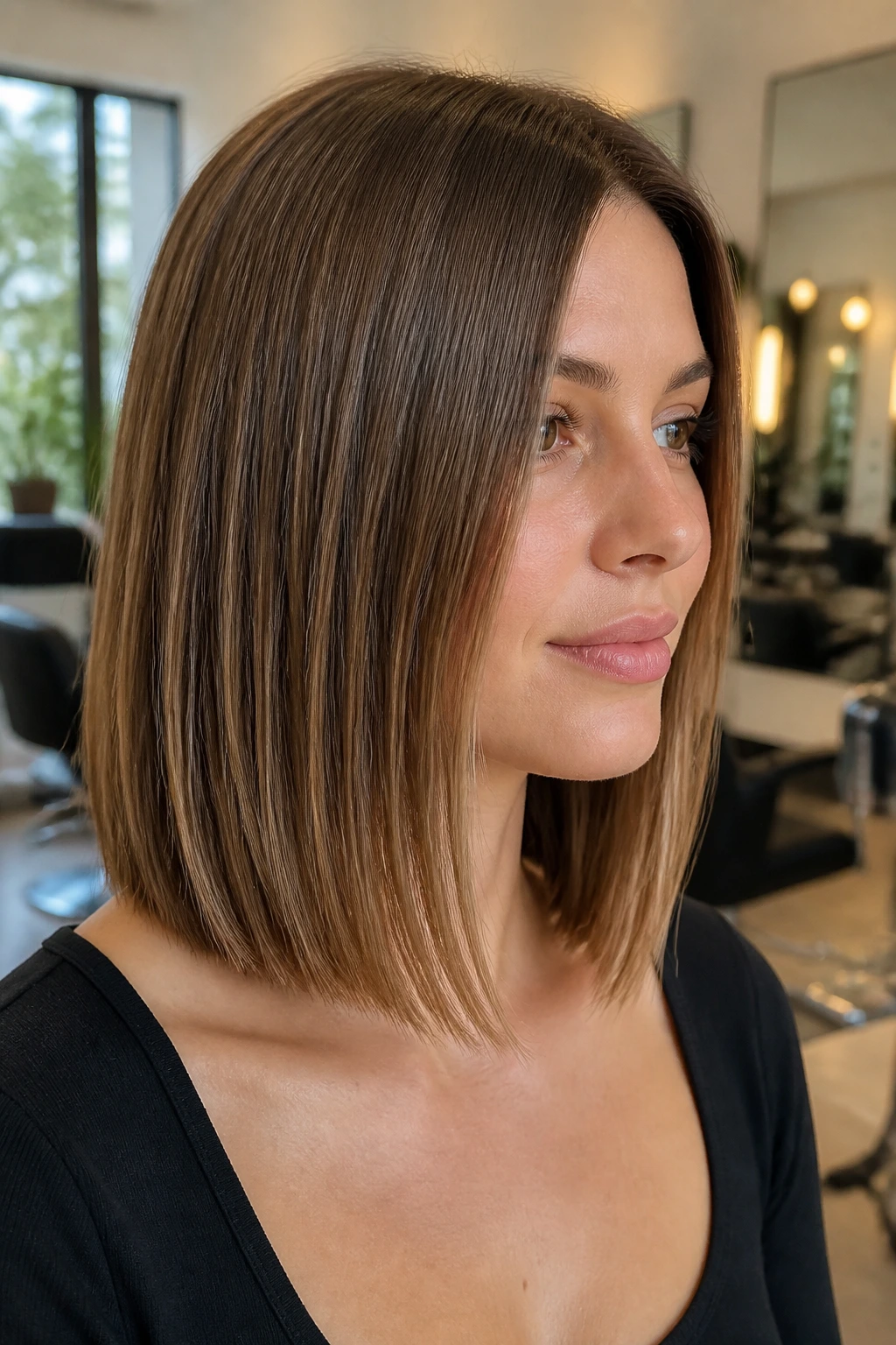 Close-up portrait of a real person with a lob on straight, thin hair in a sunlit salon