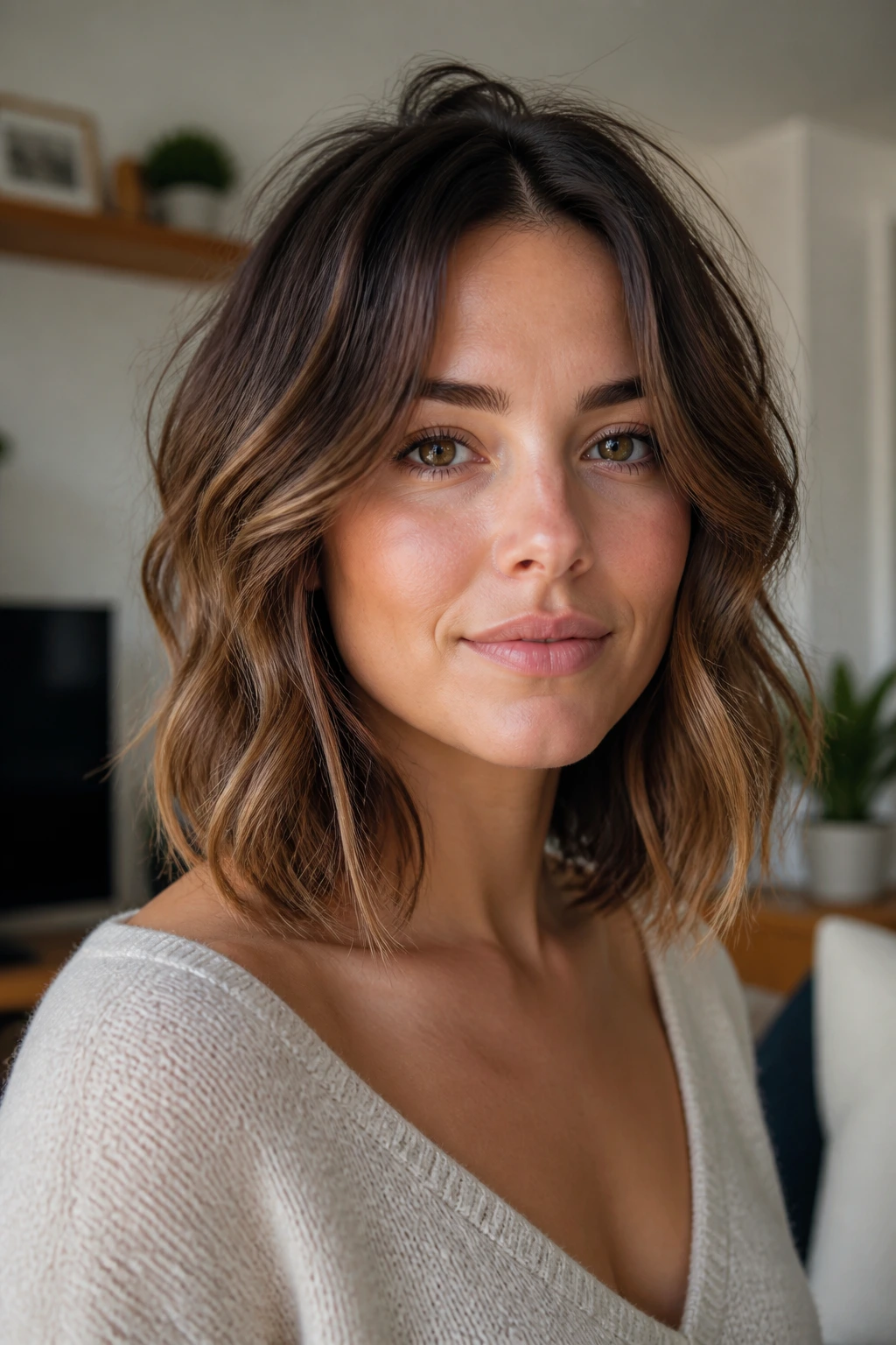 Close-up portrait of a real woman with a wavy lob showing movement at the ends