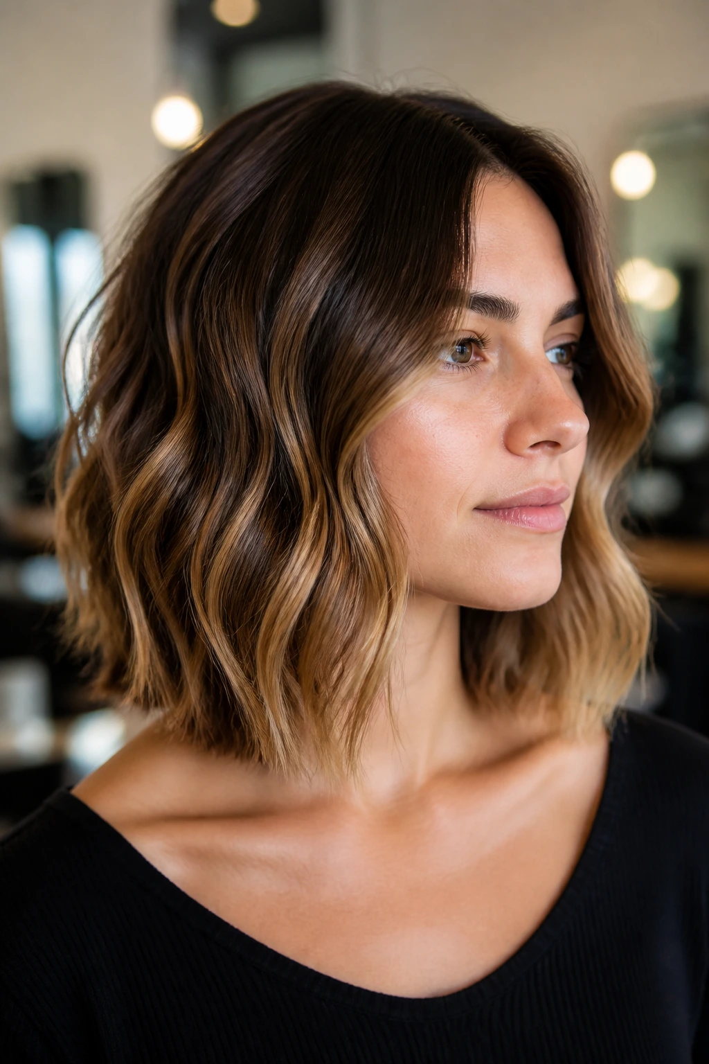 Real woman with a precise collarbone-length lob showing controlled bend for wavy hair