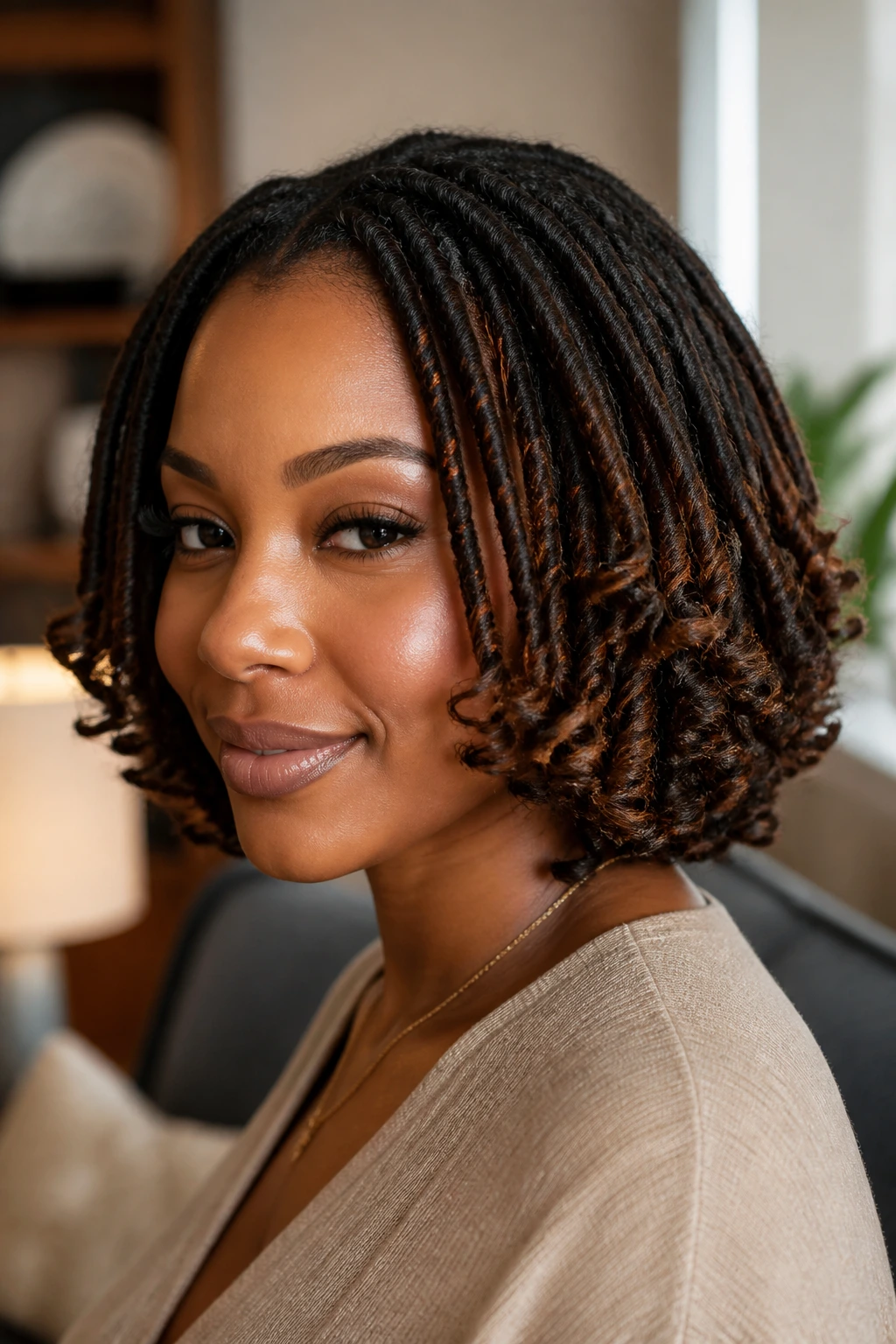 Close-up of a real person with loc bob and curled ends