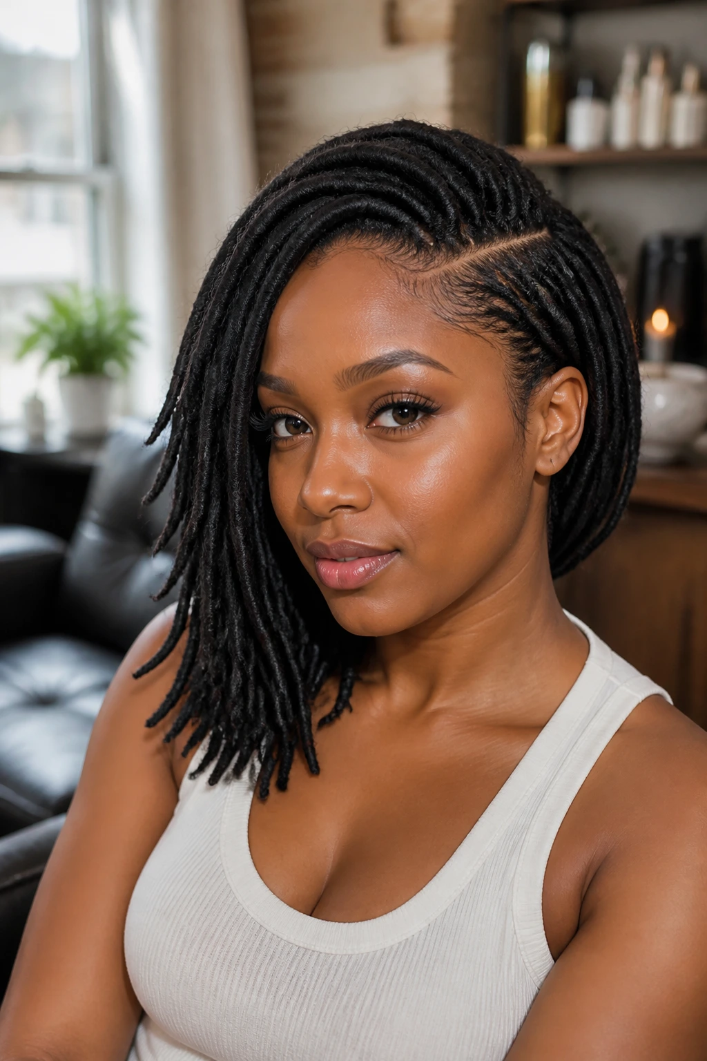 Close-up of a real woman with a side-swept loc bob and clean part