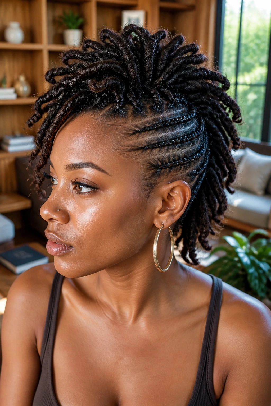 Close-up of a real woman with a loc and braid blended mohawk in a sunlit living room