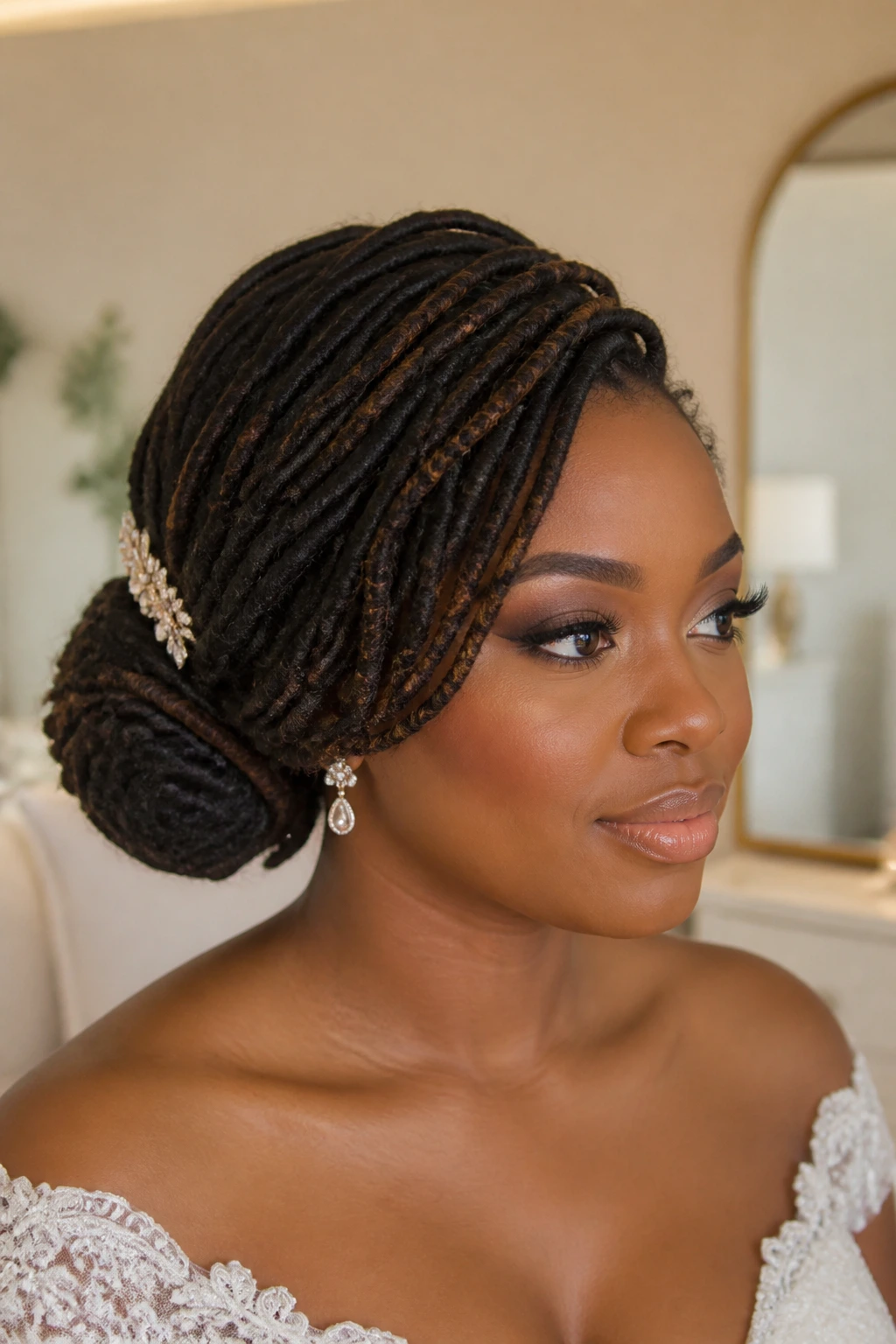 Real bride with a side-part loc bun at the nape