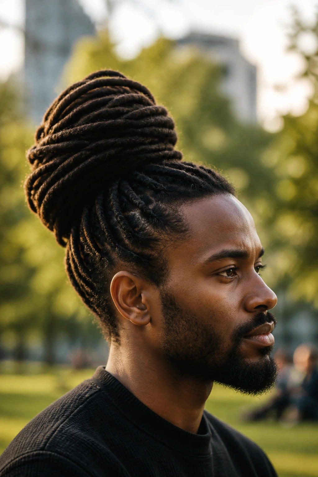 Man with loc bun outdoors during golden hour.