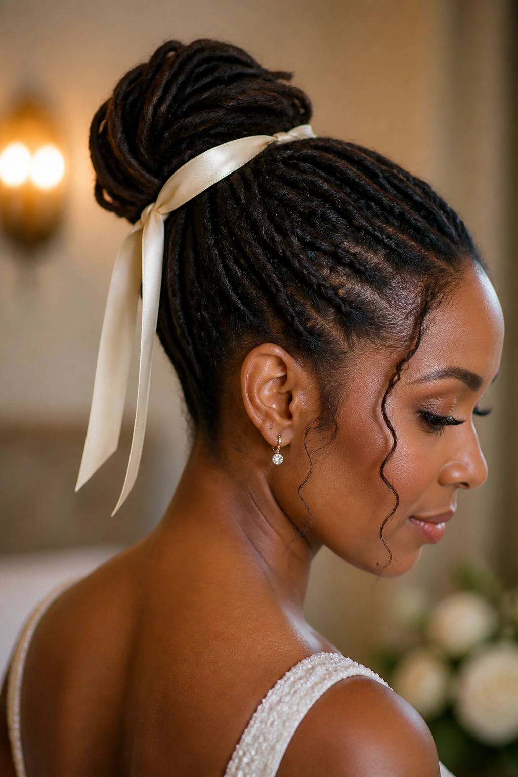 Bride with knotted loc bun wrapped in ivory satin ribbon