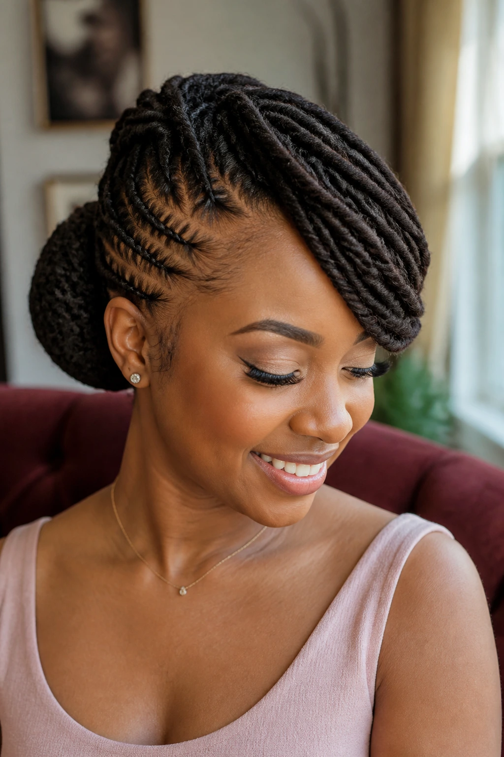 Portrait of person with loc bun and side swoop in a cozy living room