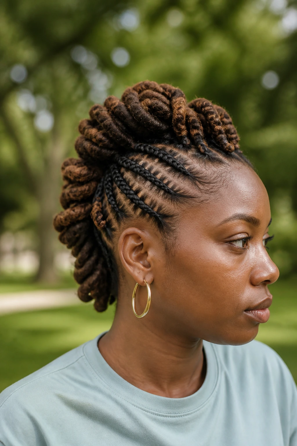 Close-up of a person with a Loc-Friendly Braided Mohawk in a park setting