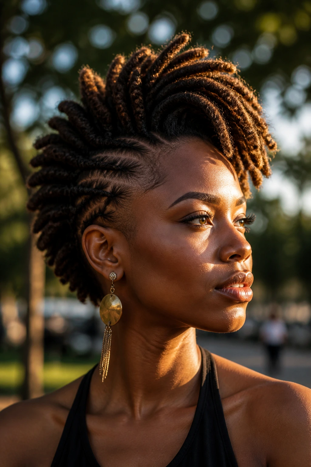 Close-up of a real woman with a Loc Frohawk and forward-arc locs