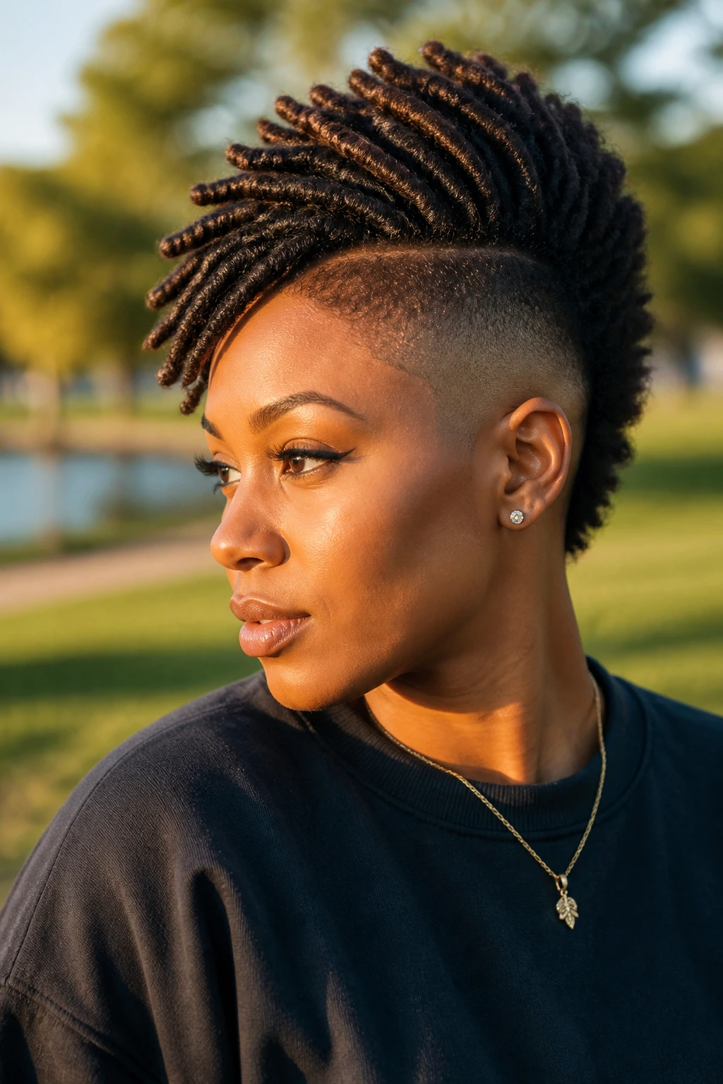 Medium close-up of a real Black person with loc hawk and fade sides