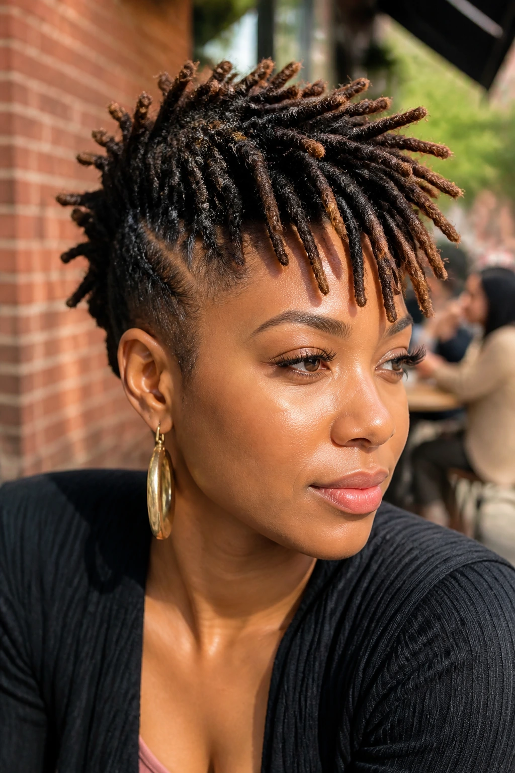 Close-up of a woman with short locs styled into a mohawk with loose ends