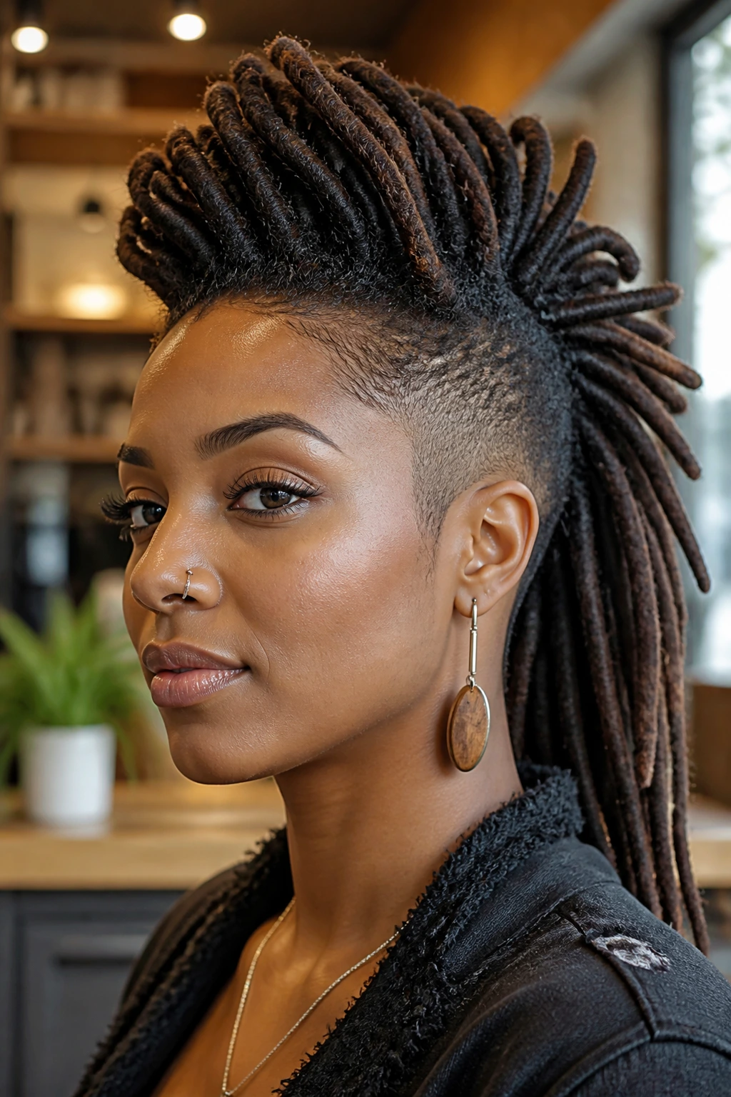 Close-up portrait of a real person with a loc hawk and tapered sides in warm salon light