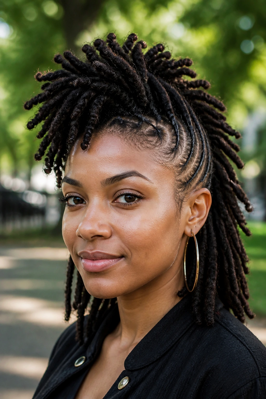 Close-up of a real woman with locs styled into a twist hawk