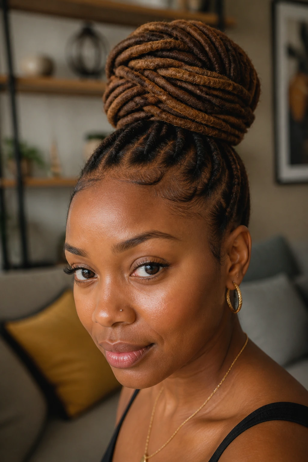 Close-up of a real woman with a loc knot bun