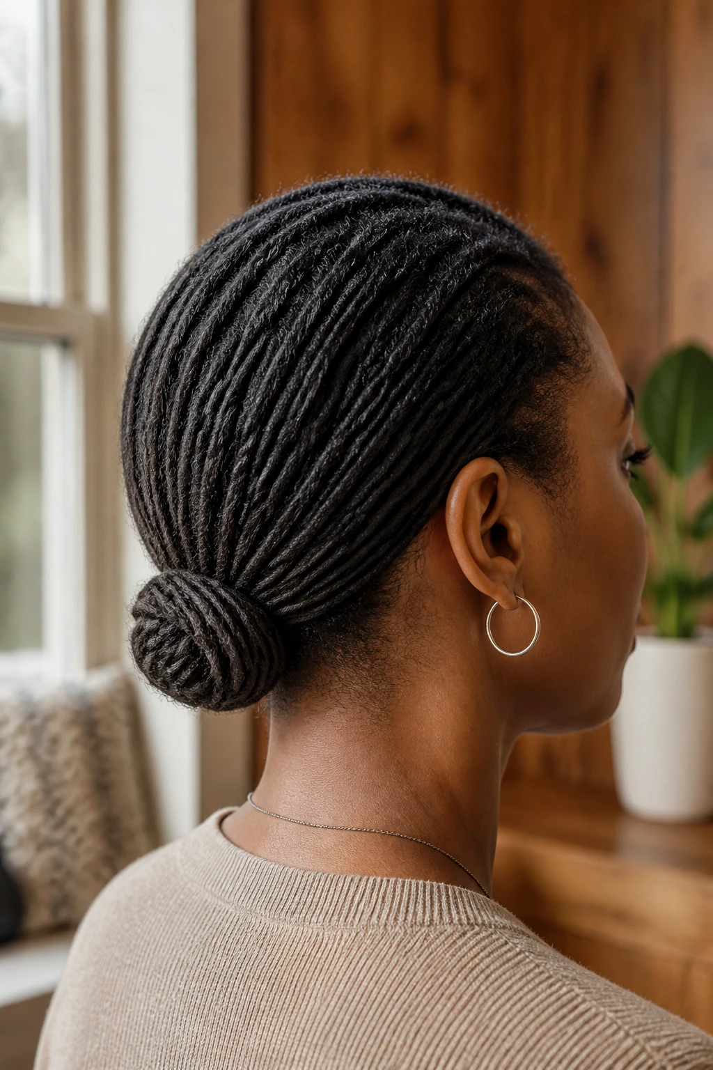 Close-up of a real person with a minimalist knot at the nape of locs.