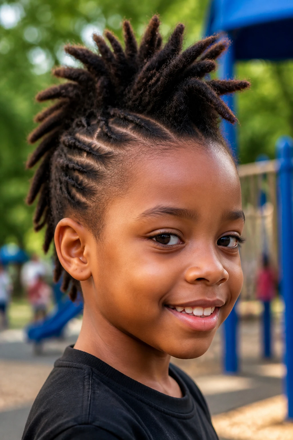 Close-up of a real child with a loc mohawk hairstyle