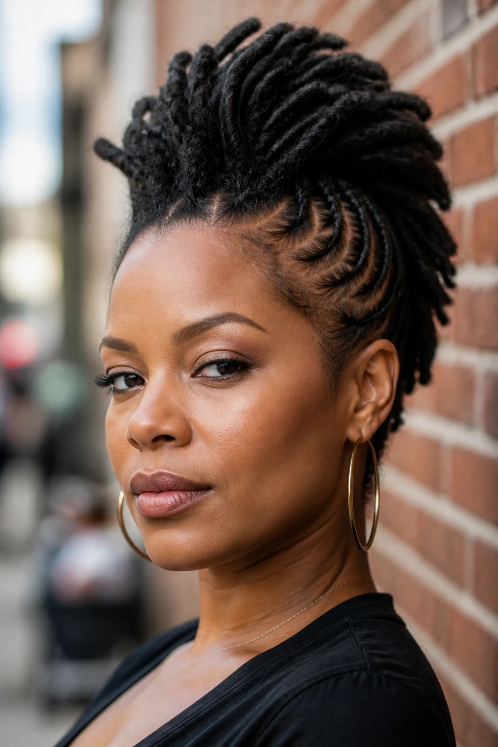 Close-up portrait of a real woman with a loc mohawk and center ridge.