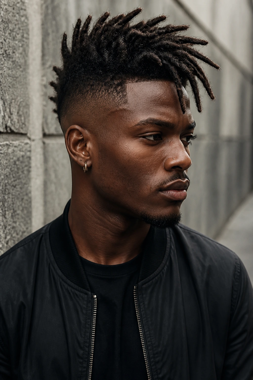 Portrait of a person with a loc mohawk and faded sides.