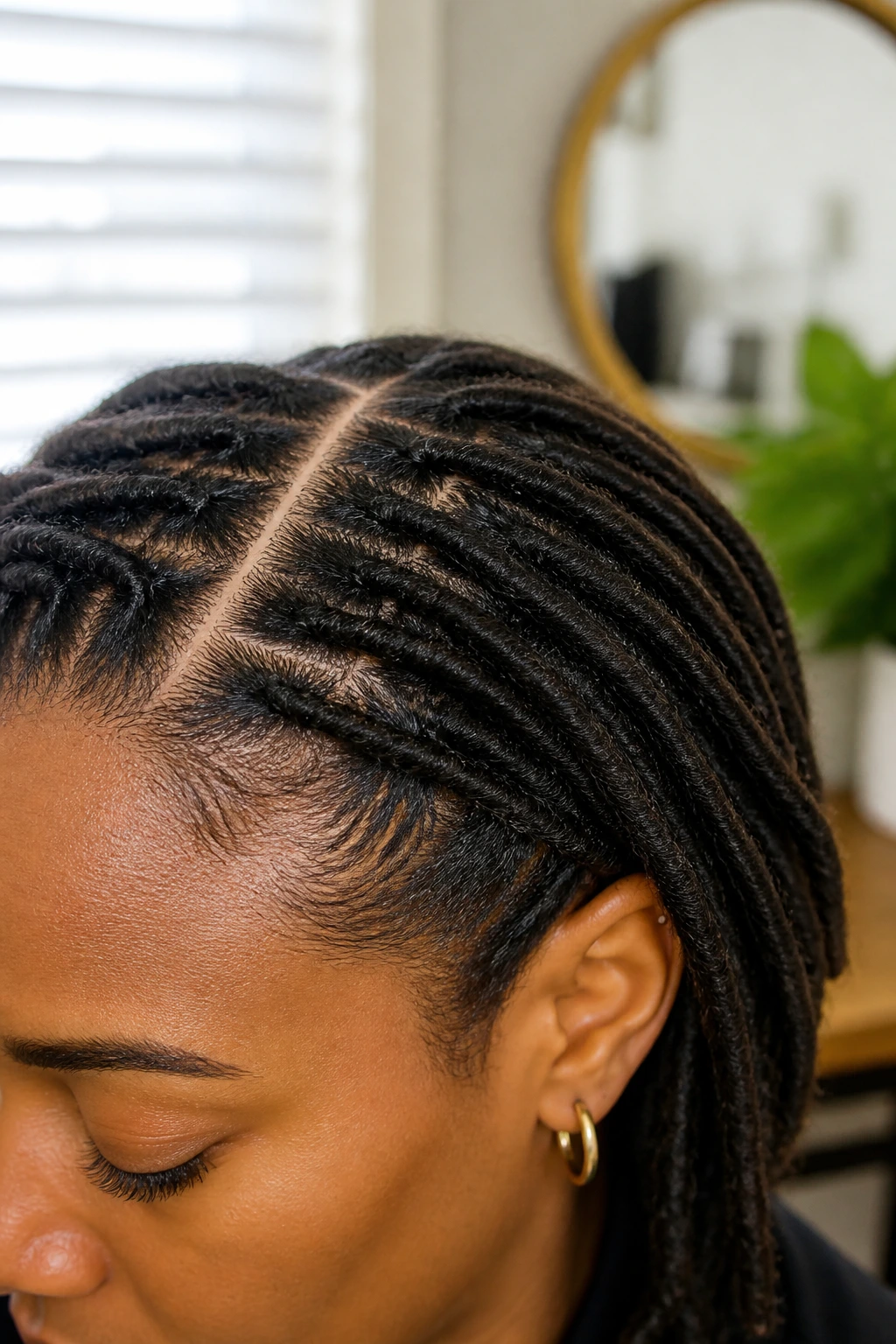 Close-up of a scalp with a crisp loc part for a polished look.