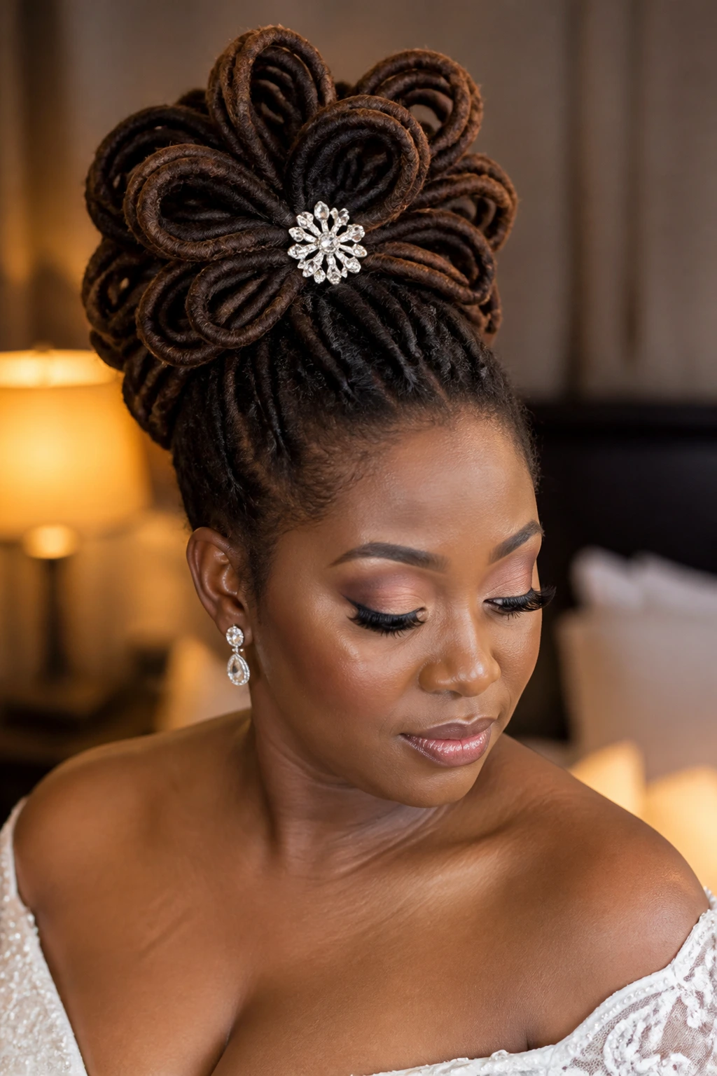 Close-up of a bride with a loc petal bun and jewel pin