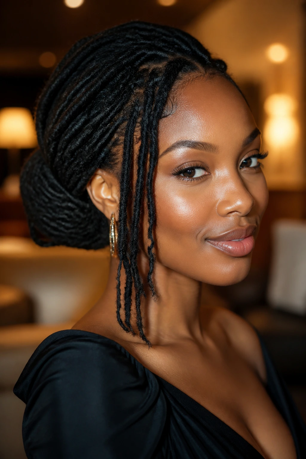 Portrait of a woman with face-framing locs and a low roll in a refined lounge.