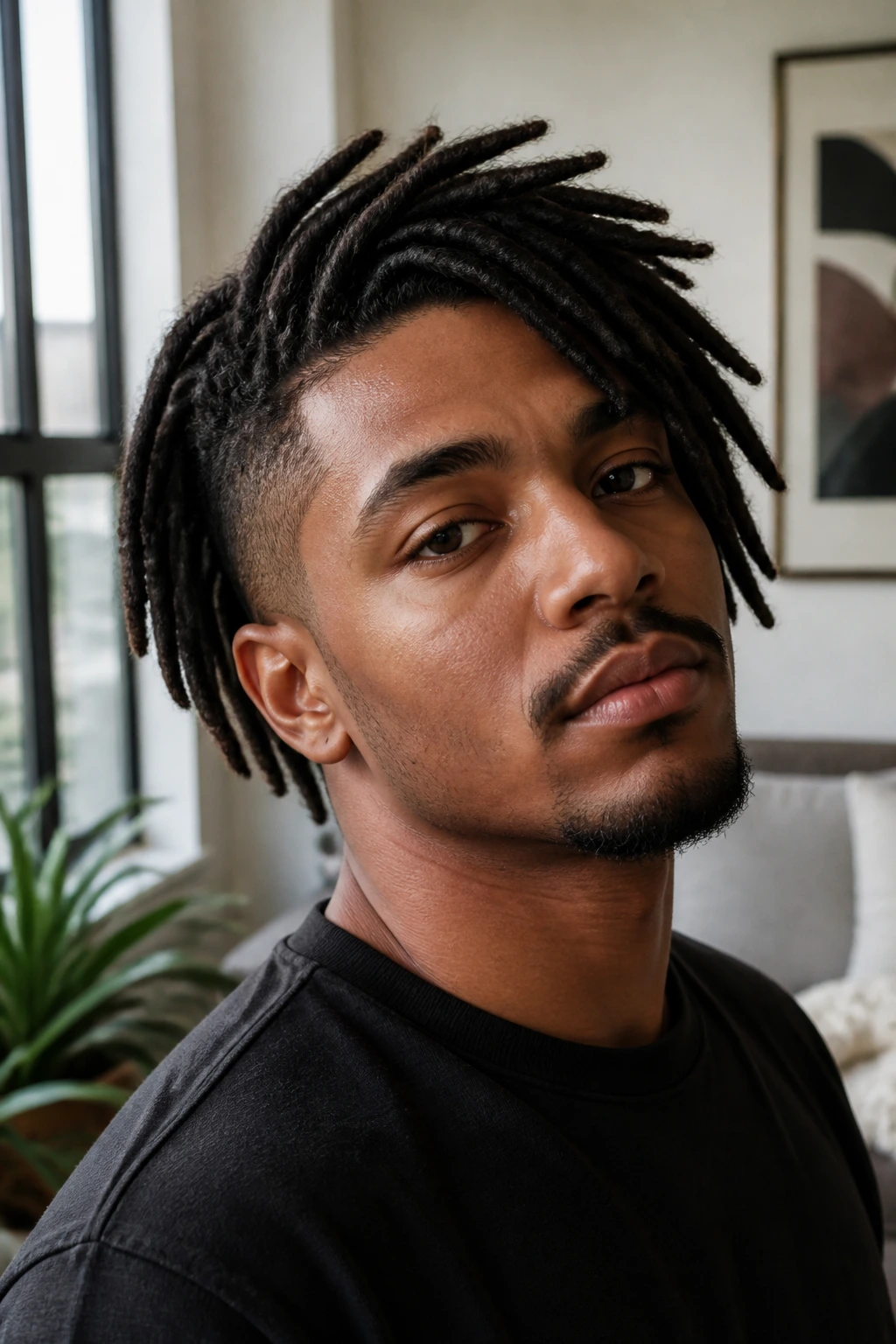 Close-up of a man with a balanced mid-effort loc style