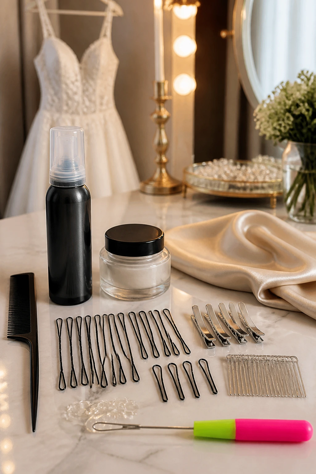 Close-up of bridal loc styling tools arranged on a dressing table