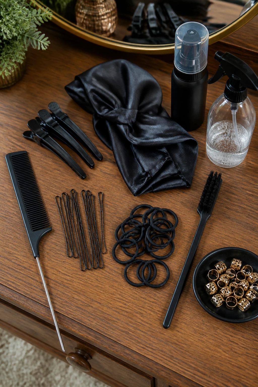 Top-down still life of loc-styling tools on a wooden vanity surface.