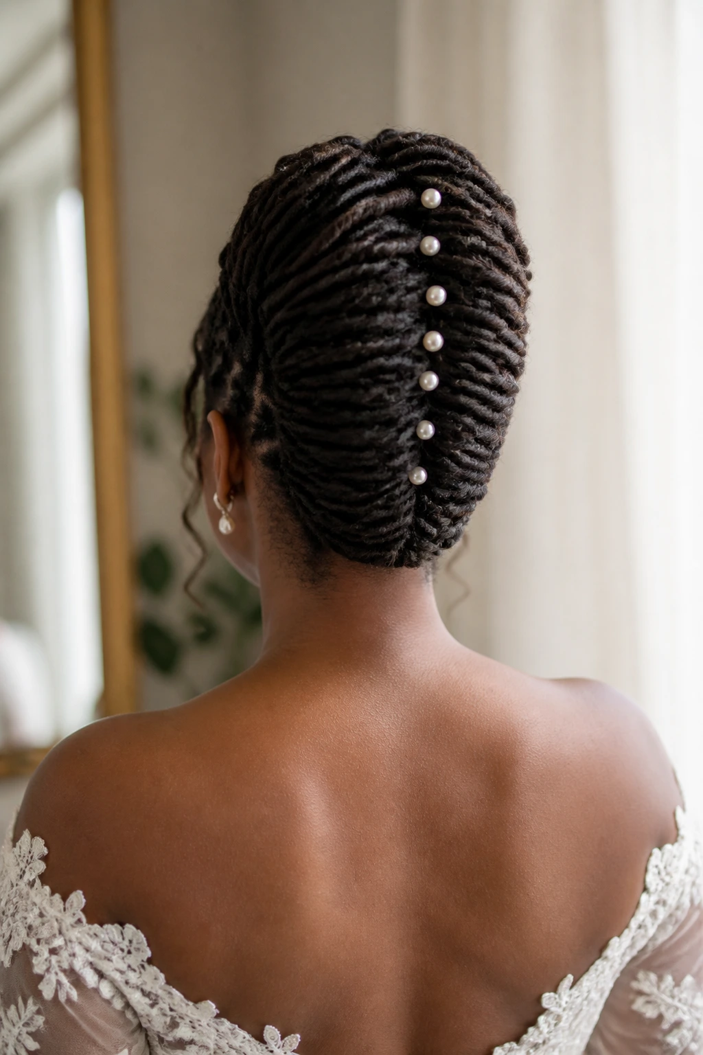 Back view of a bride with a French roll loc updo adorned with pearl pins
