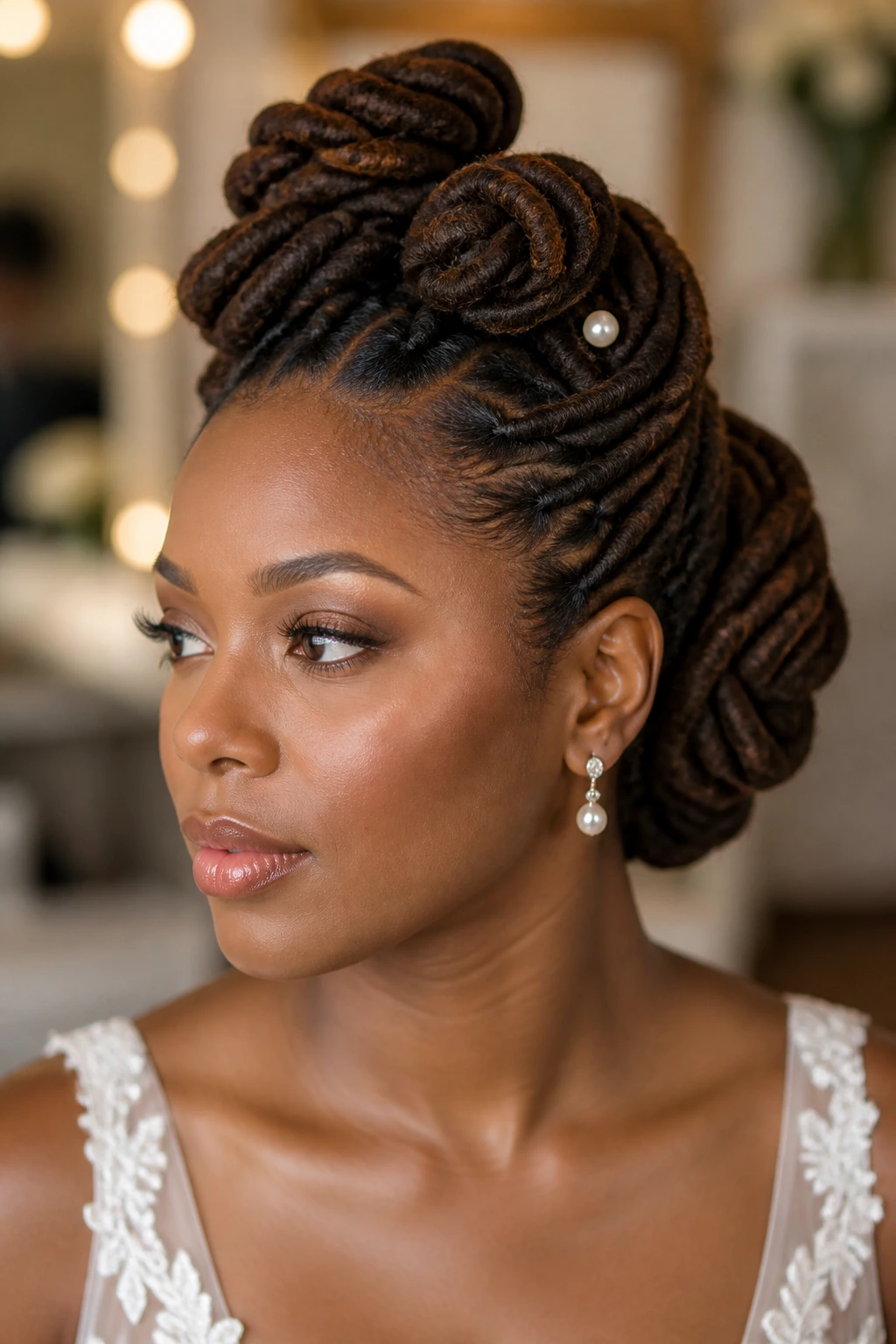 Close-up of bride with Loc Updo with Twists