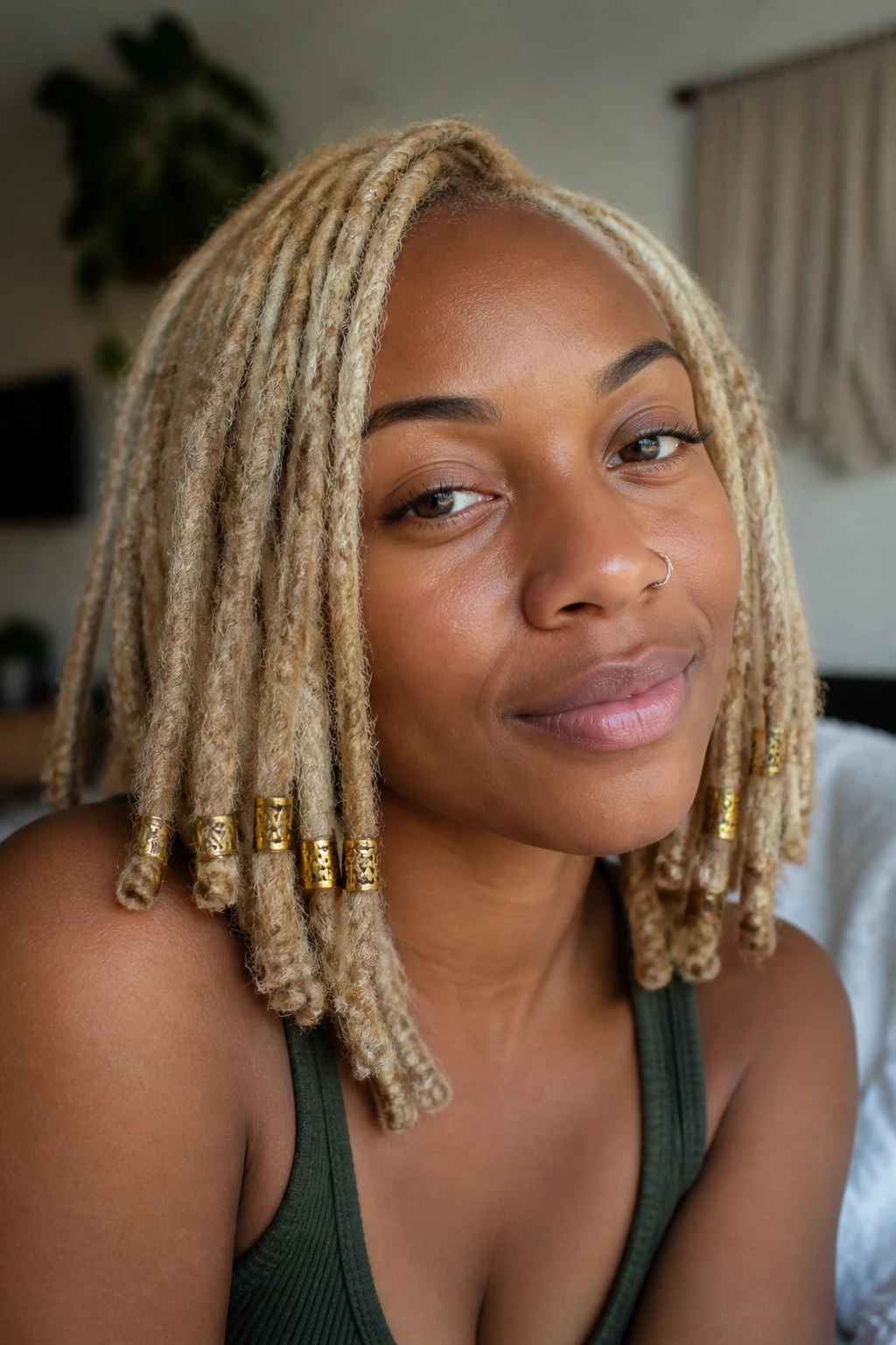 Close-up of a blonde loc bob with brass beads near the chin