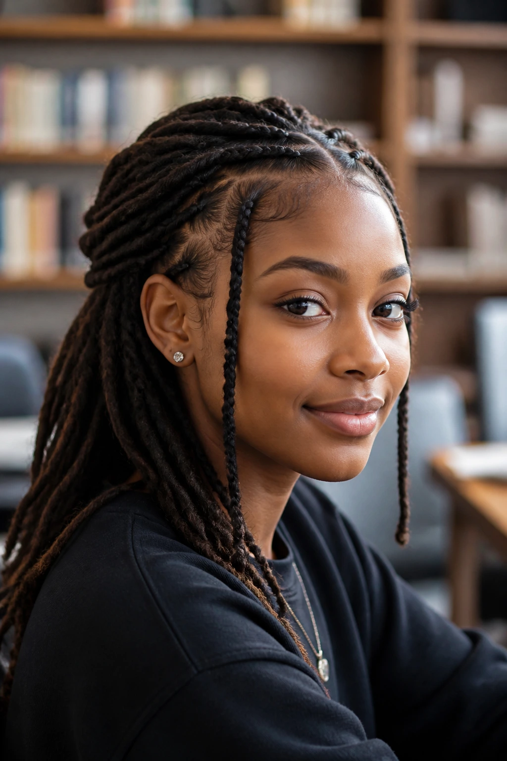 Close-up of a real person with locs and braided front rows framing the face