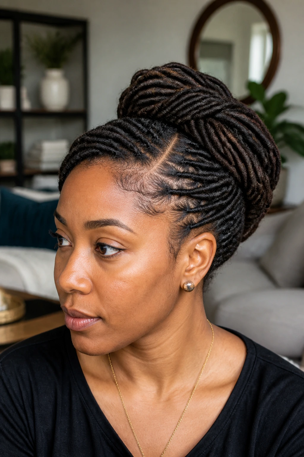 Close-up portrait of a real Black woman with a side-parted loc bun