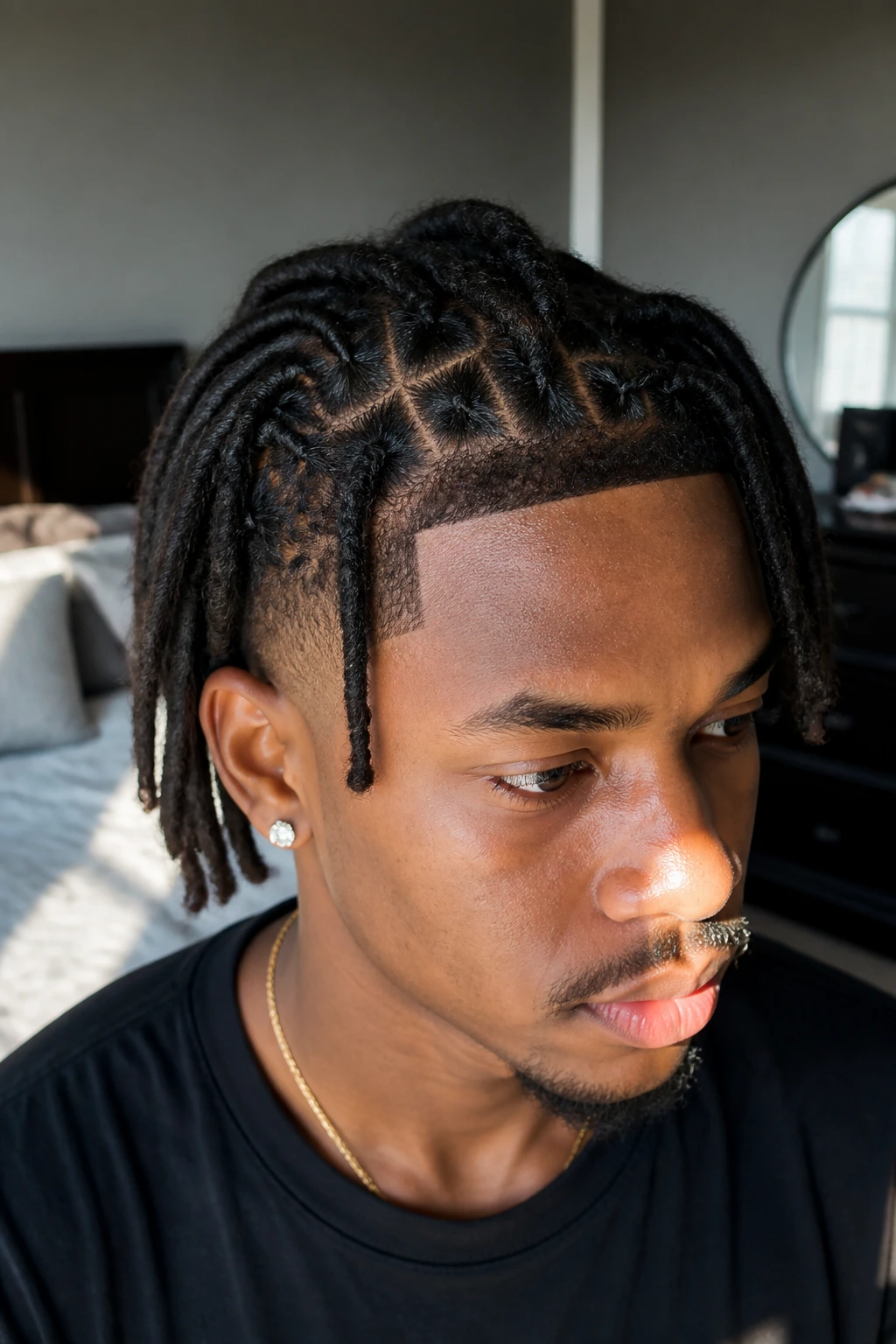Close-up of real person with a clean hair part and sharp loc edges, natural window light