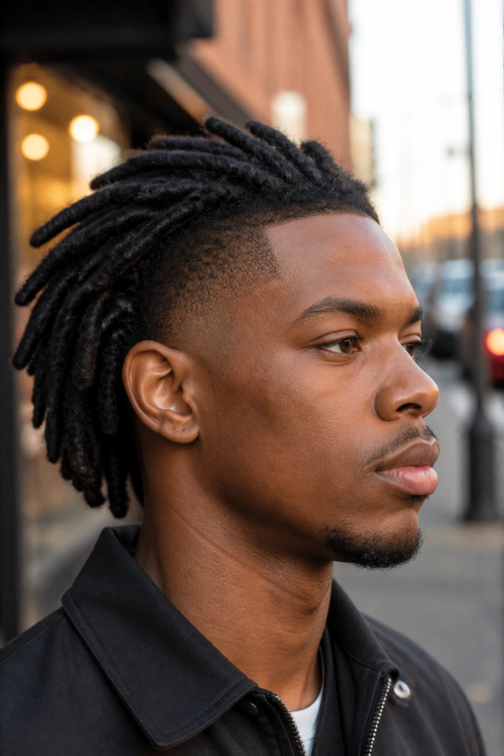Close-up of man with locs and clean taper at temples.