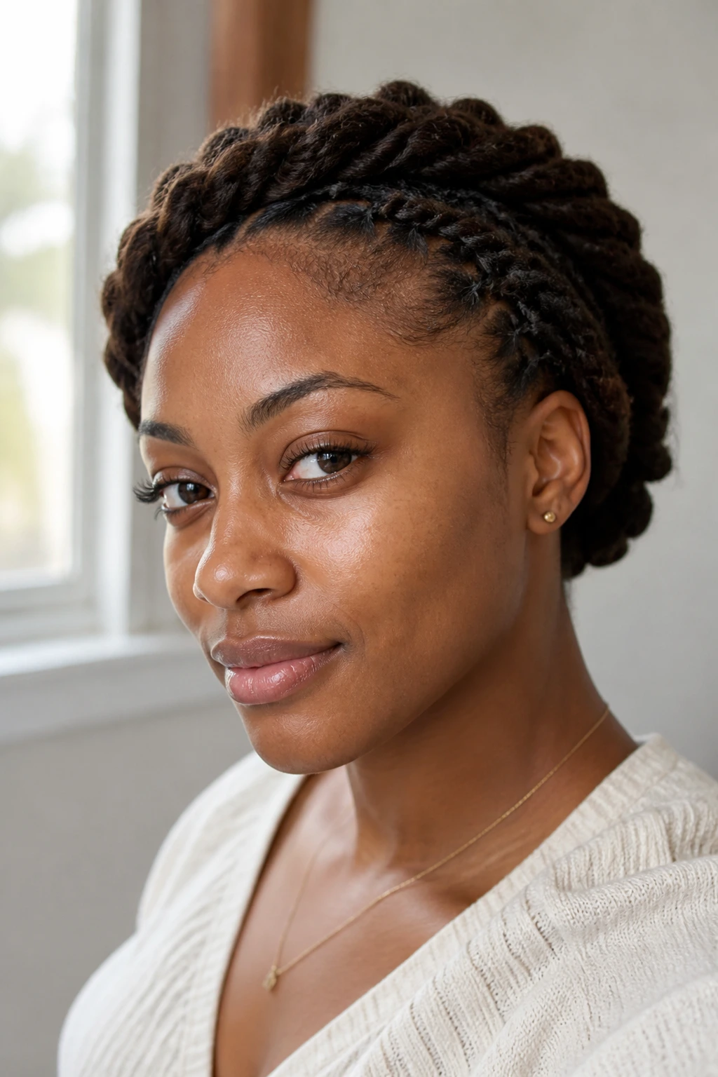Close-up of a real person with a crown halo braid and tucked ends
