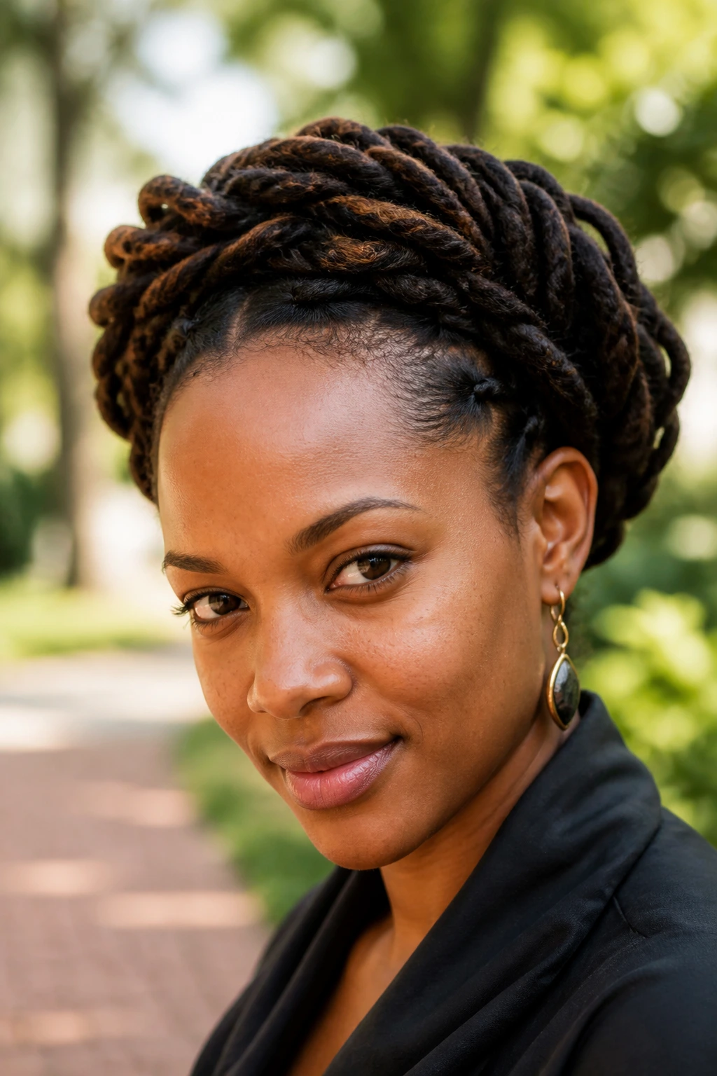 Close-up portrait of a person with a loc crown halo around the head