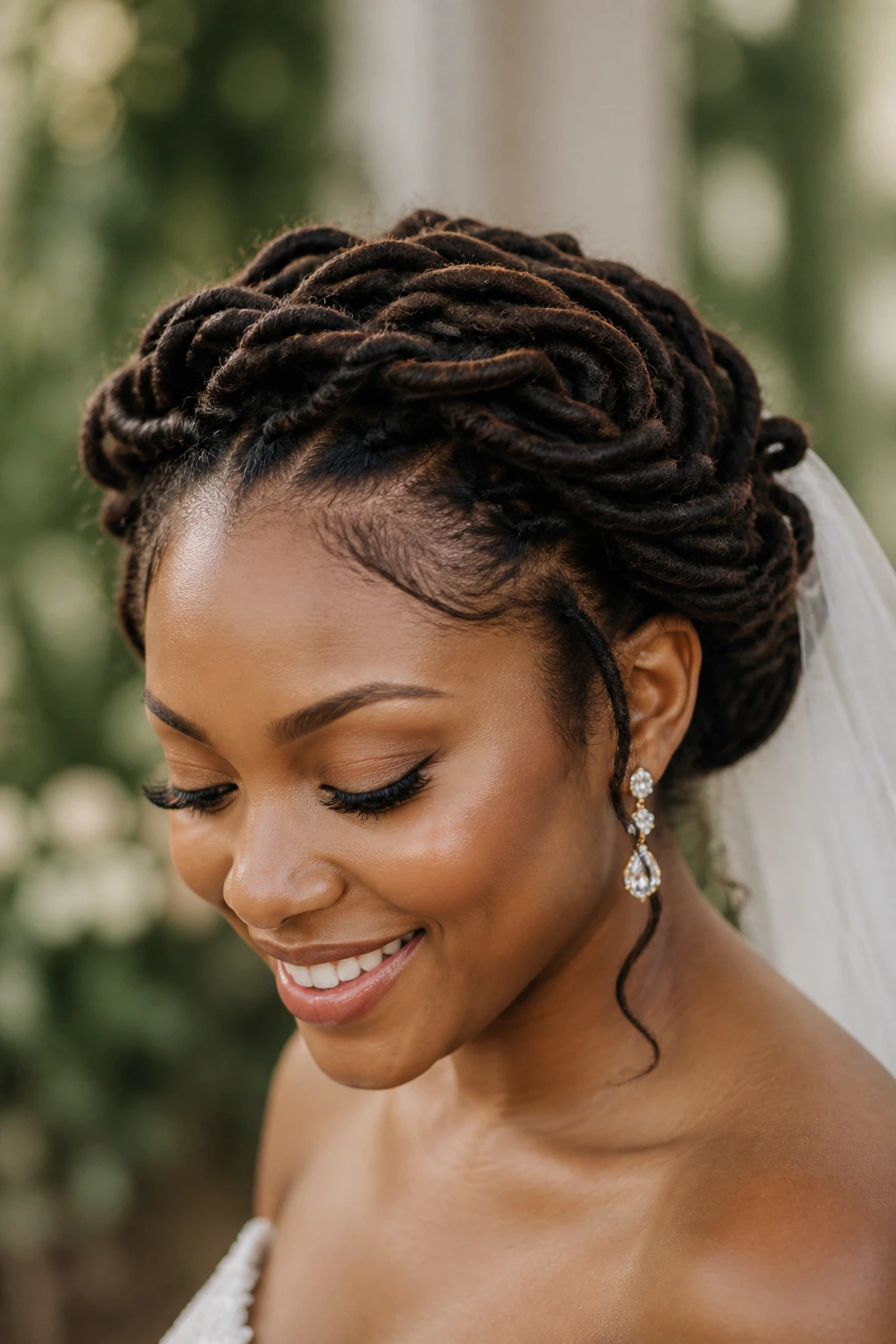Close-up of a real bride with a loose loc crown and invisible pinning