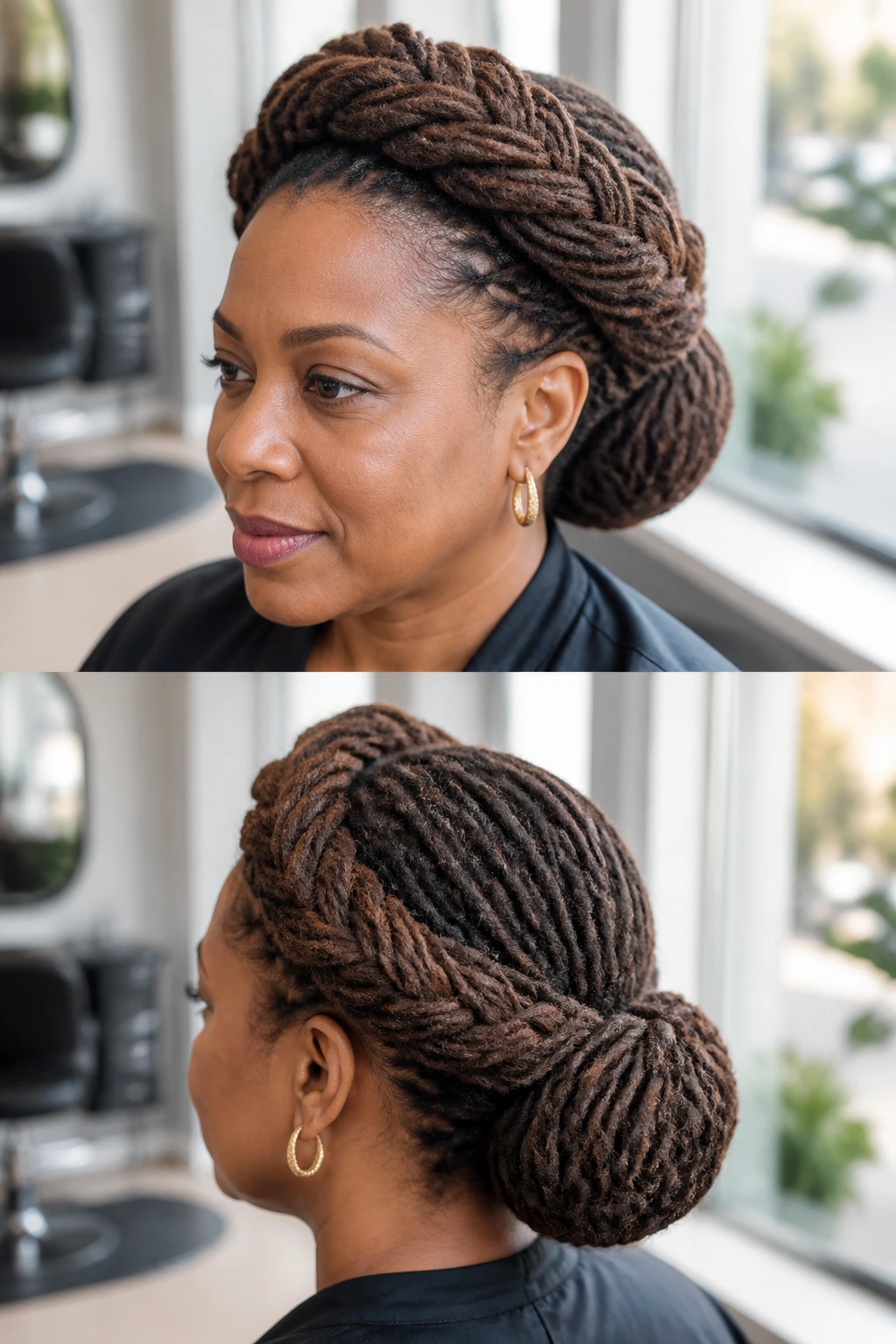 Locs styled into a wrapped crown updo on a real person