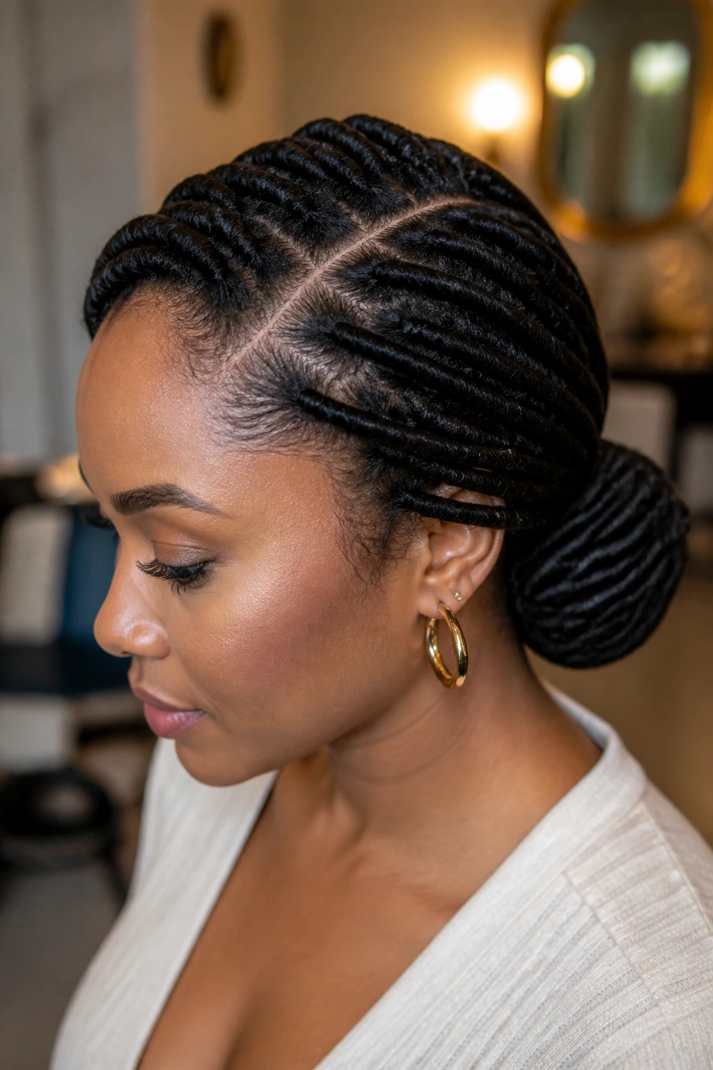 Close-up of deep side-part locs forming barrel twists into a low bun at the nape